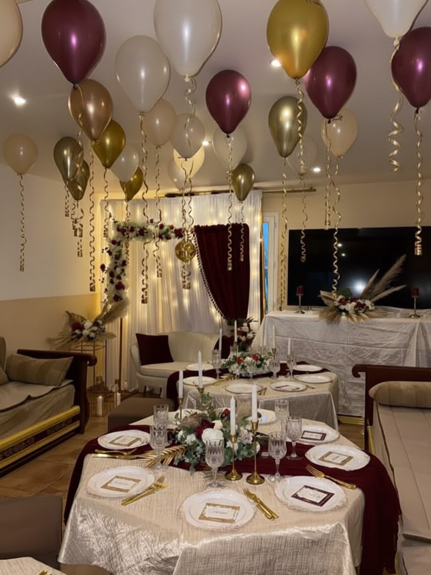 Décoration mariage bordeaux et or avec ballons