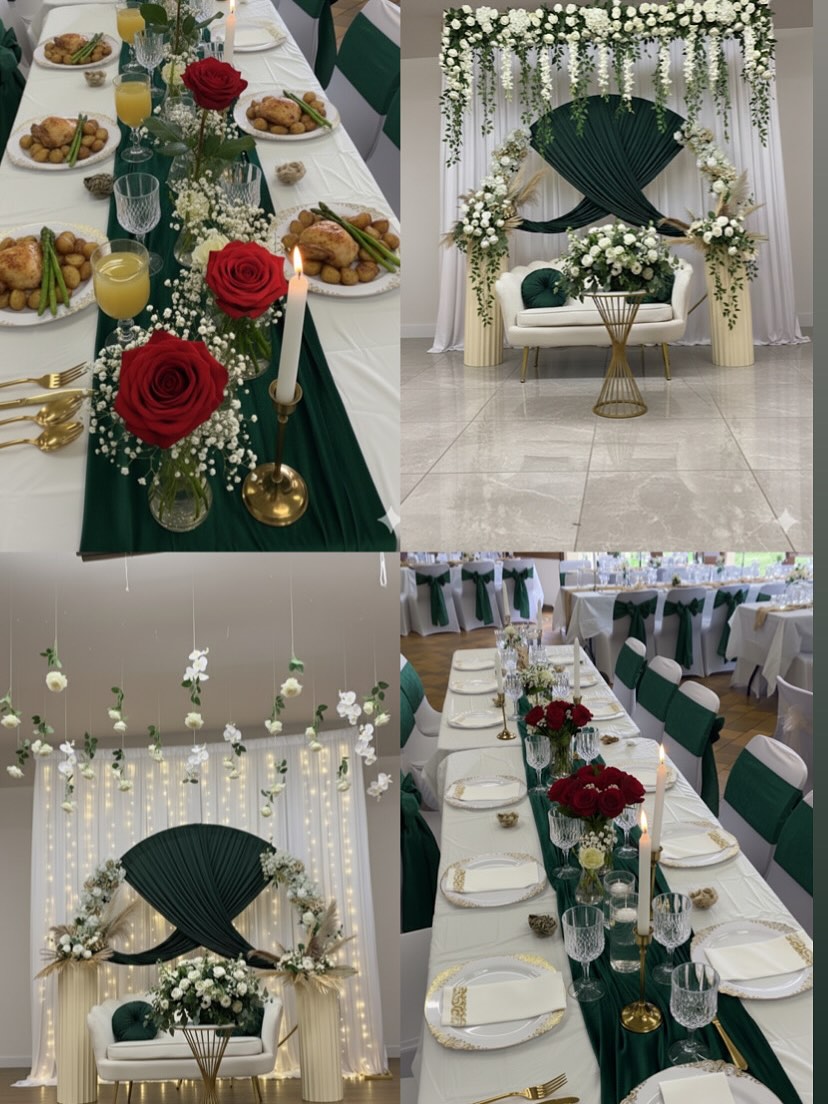 Décoration émeraude et fleurs pour réception